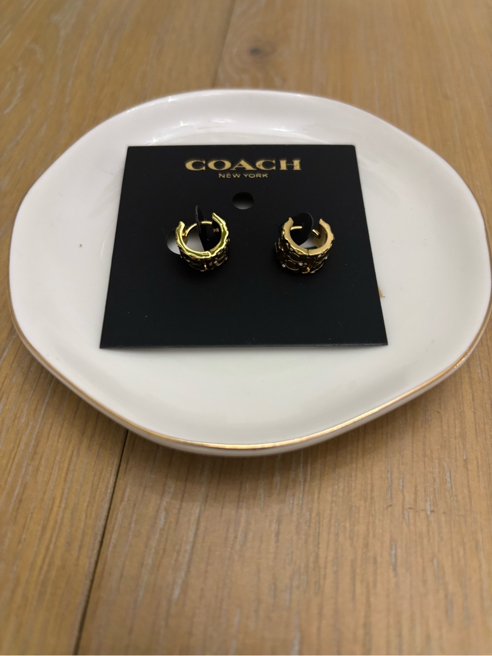 Coach Gold Textured Logo Hoop Earrings